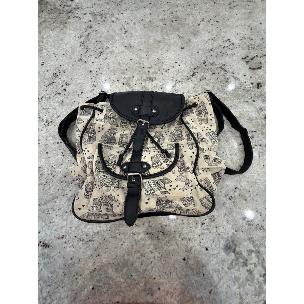 Cute Bear Print Canvas Backpack Purse Black Trim‎ Drawstring